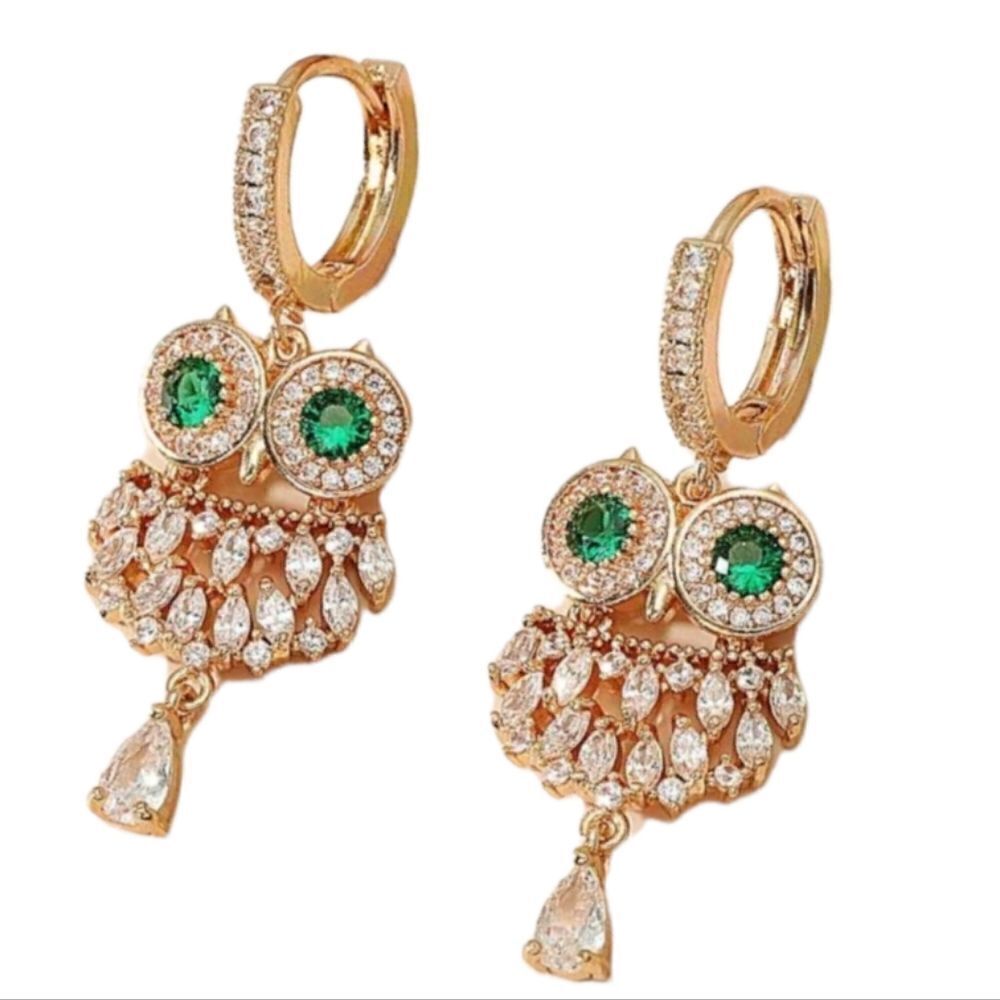 DANGLE OWL zirconia huggie hoop dangle earrings